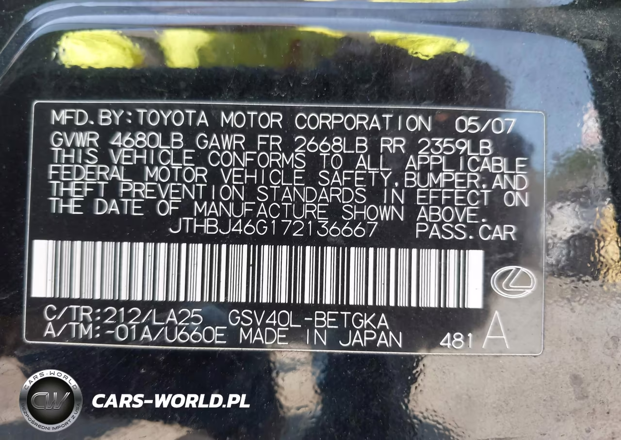 2007 Lexus Es 350 VIN:JTHBJ46G172136667 - 9