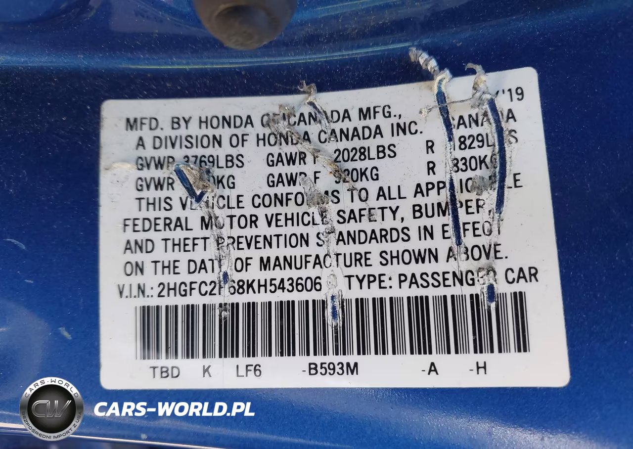 2019 Honda Civic Lx VIN:2HGFC2F68KH543606 - 9
