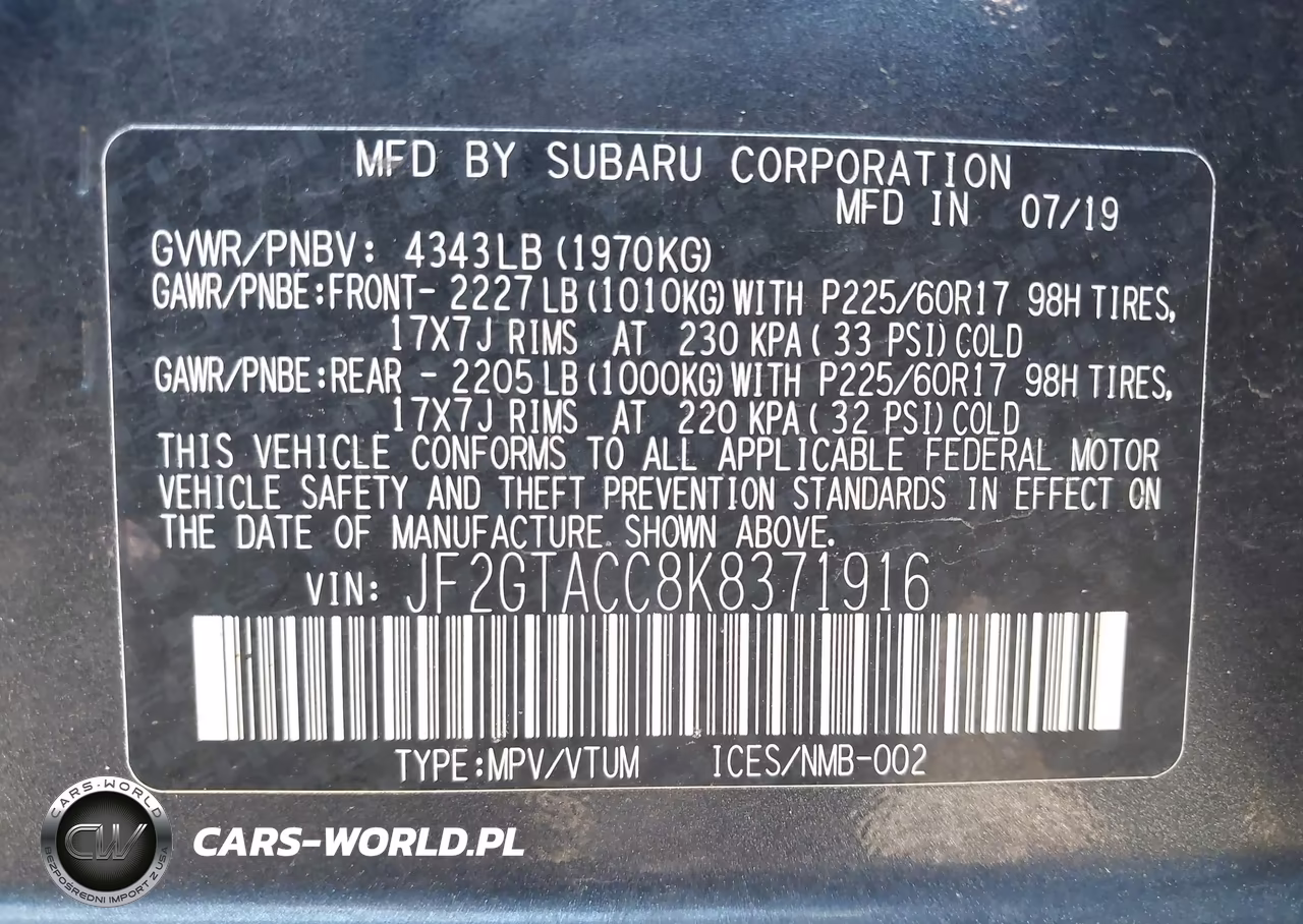 2019 Subaru Crosstrek 2.0I Premium VIN:JF2GTACC8K8371916 - 9