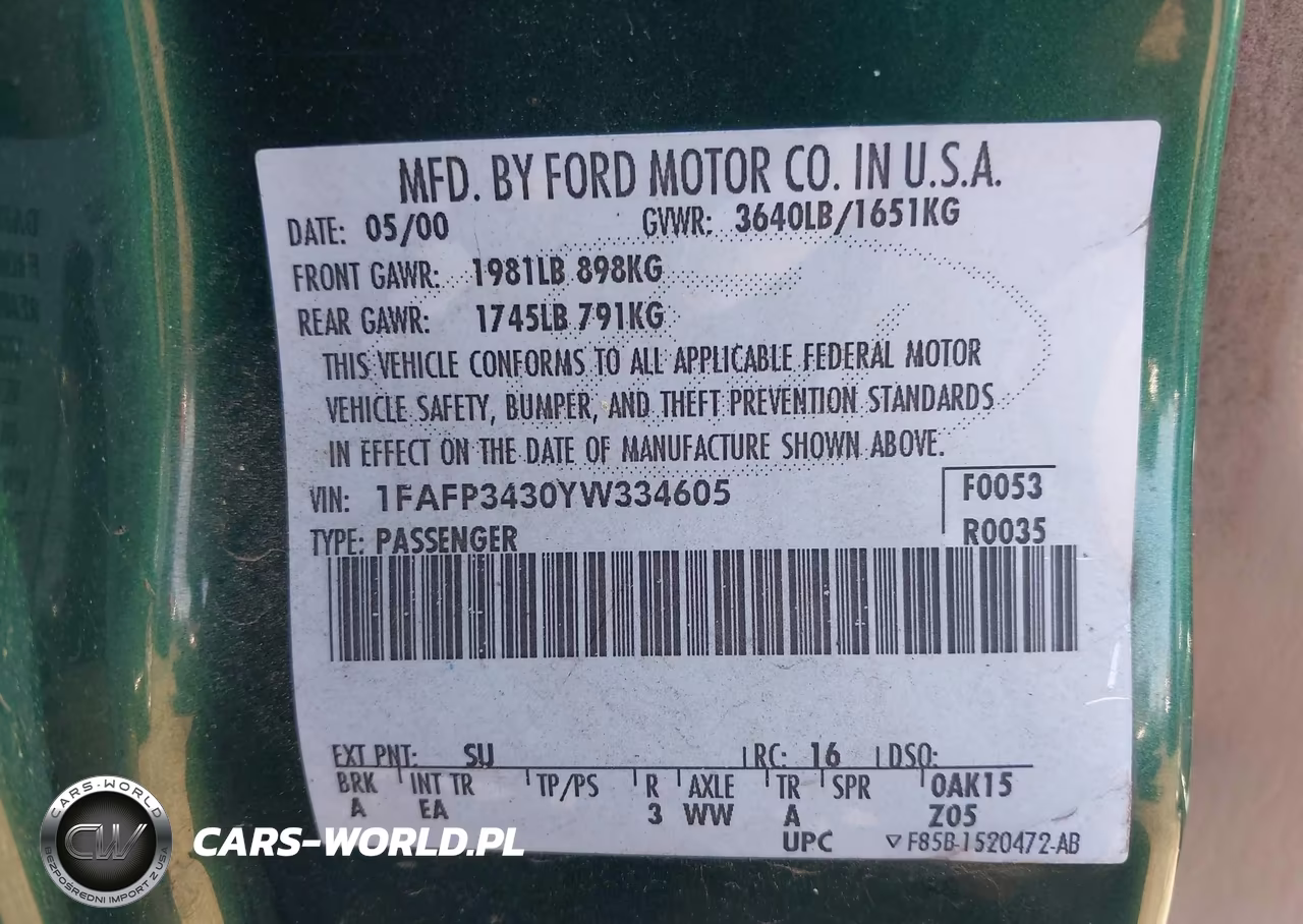 2000 Ford Focus Se VIN:1FAFP3430YW334605 - 9