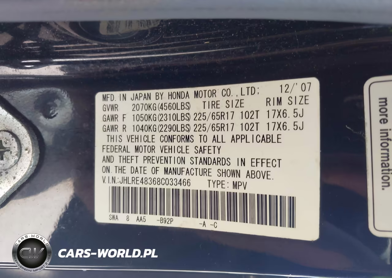 2008 Honda Cr-V Lx VIN:JHLRE48368C033466 - 9