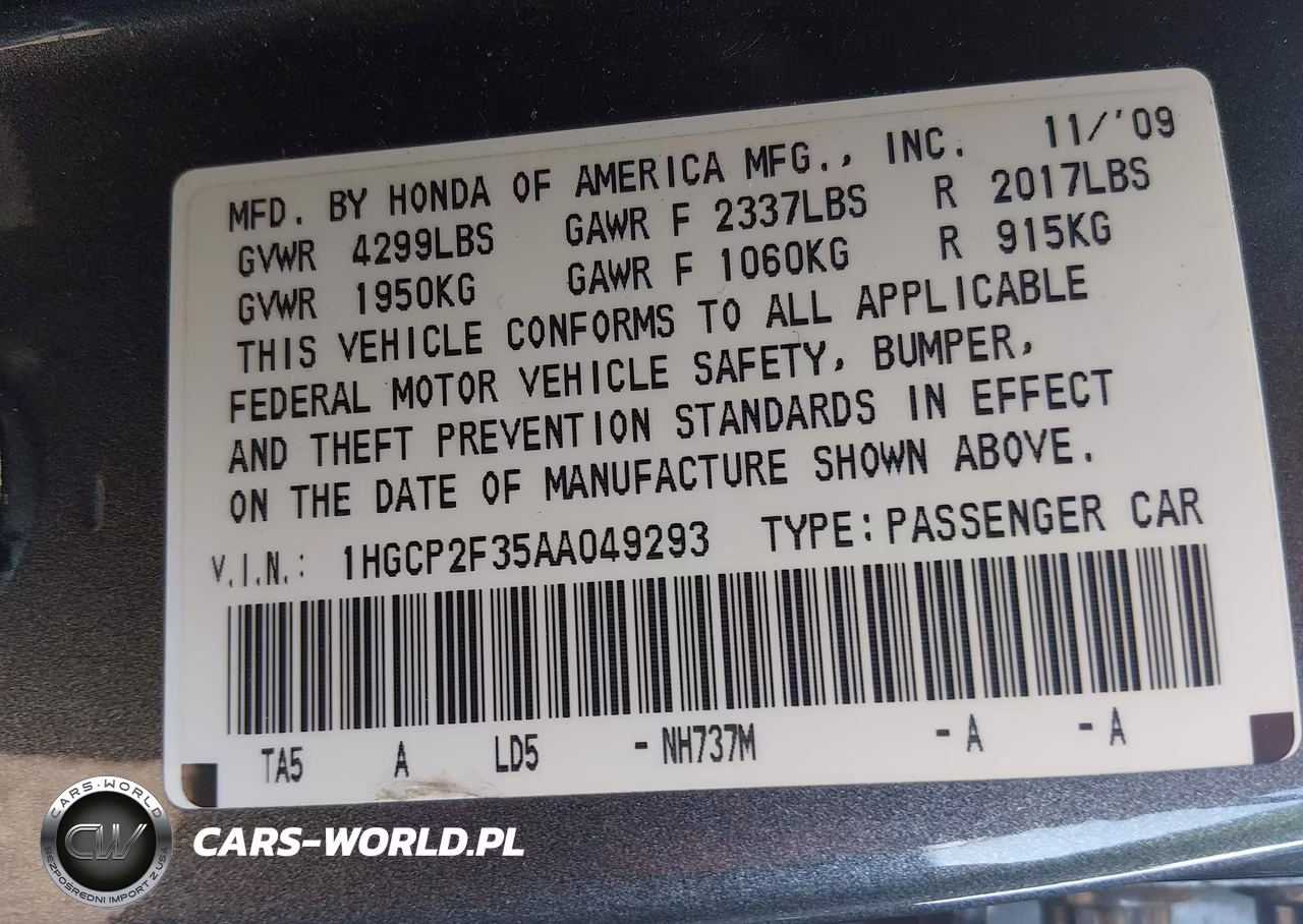 2010 Honda Accord 2.4 Lx VIN:1HGCP2F35AA049293 - 9