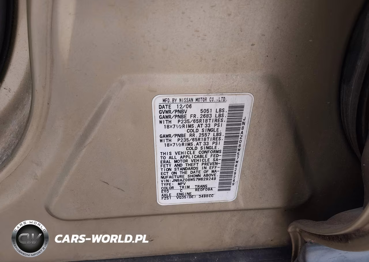 2007 Nissan Murano S VIN:JN8AZ08W57W629249 - 9