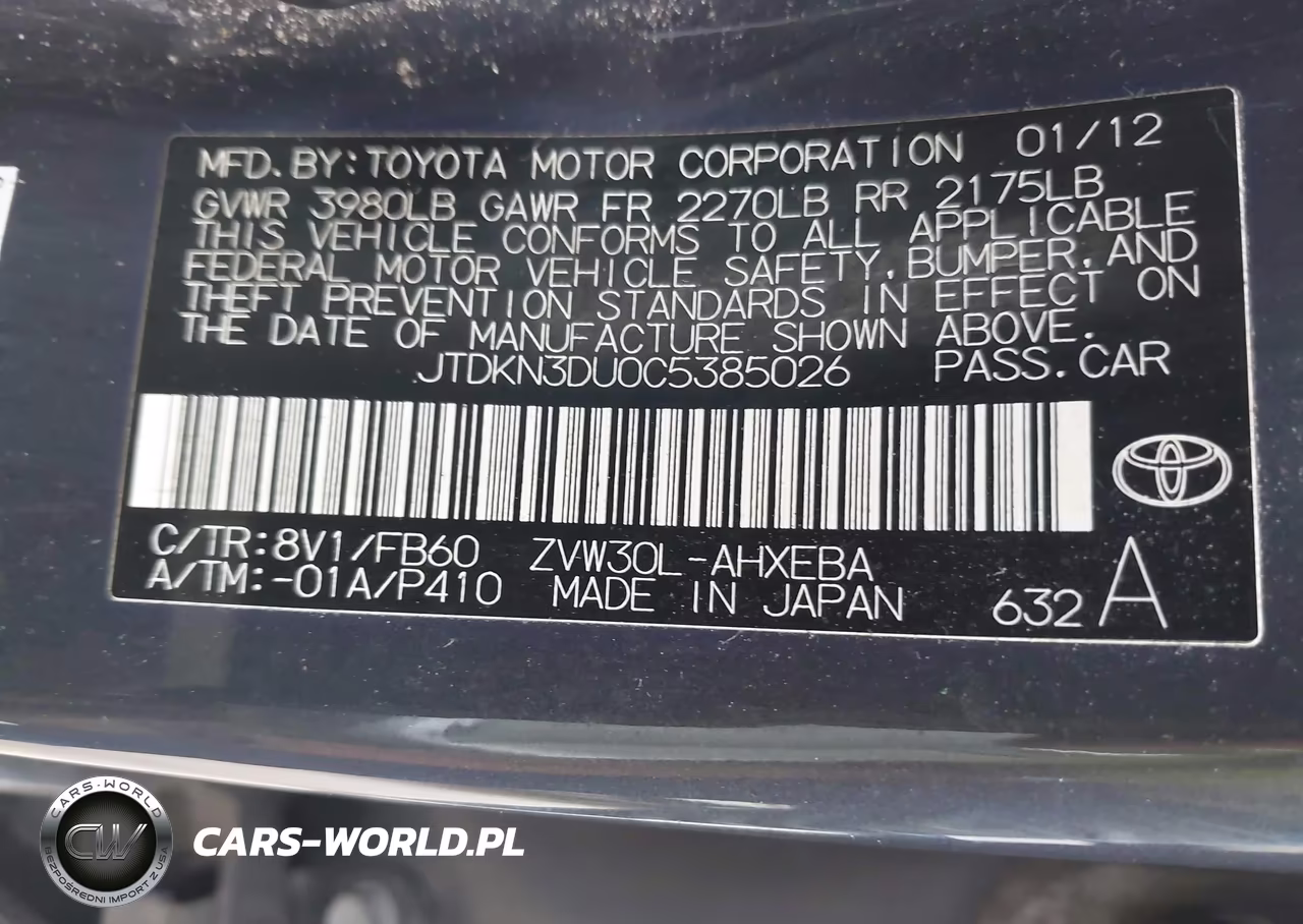2012 Toyota Prius Two VIN:JTDKN3DU0C5385026 - 9