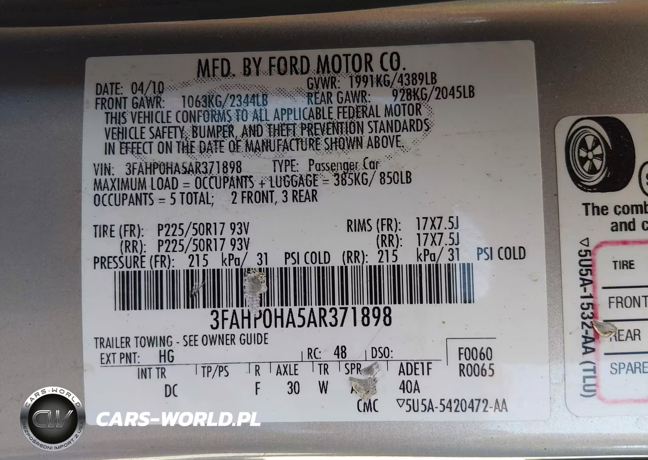 2010 Ford Fusion Se VIN:3FAHP0HA5AR371898 - 9