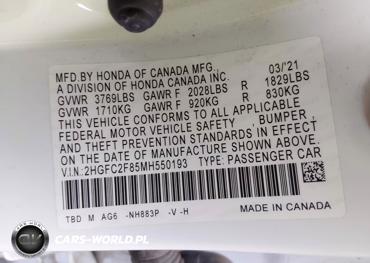 2021 Honda Civic Sport VIN:2HGFC2F85MH550193 - 9