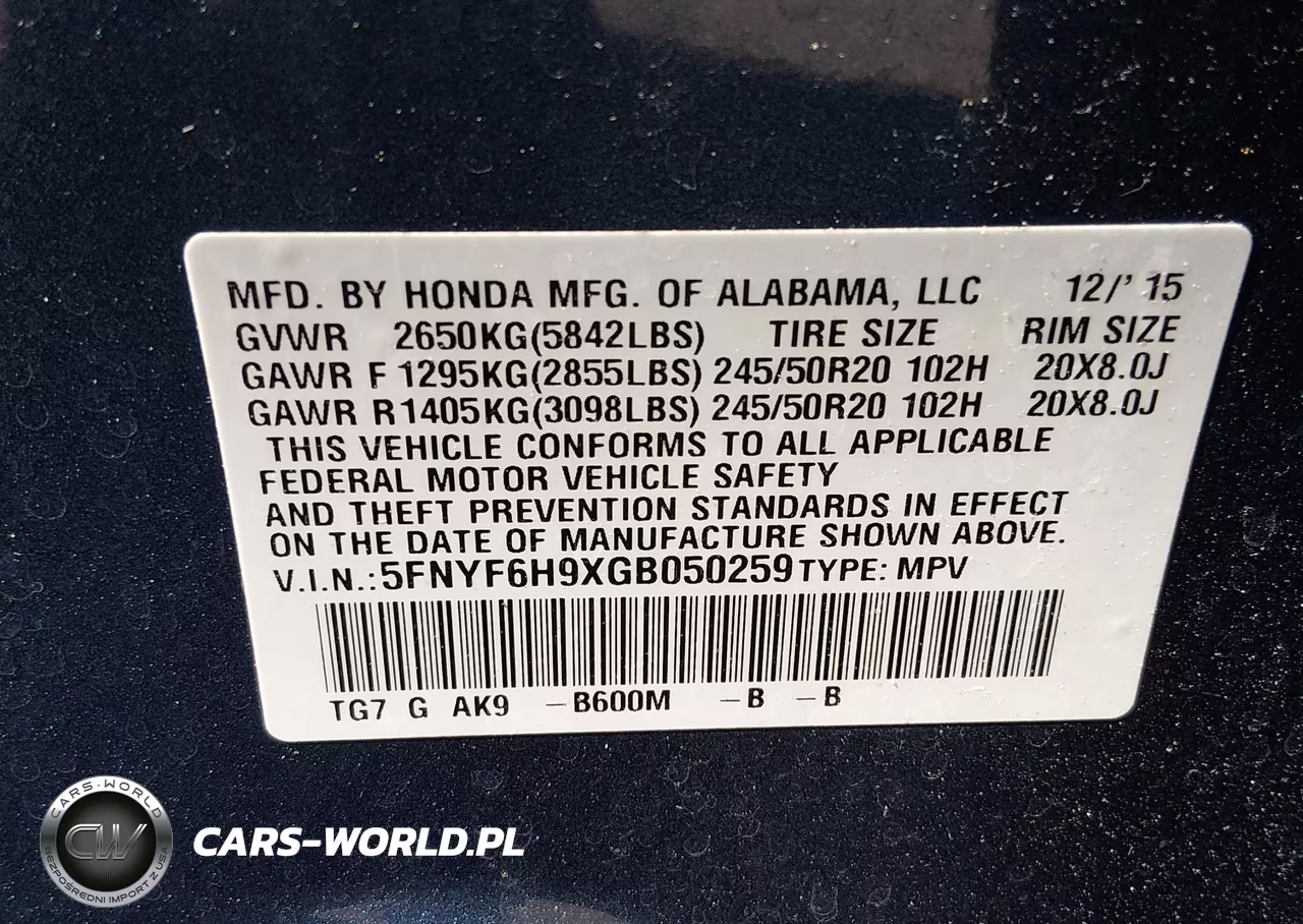 2016 Honda Pilot Touring VIN:5FNYF6H9XGB050259 - 9