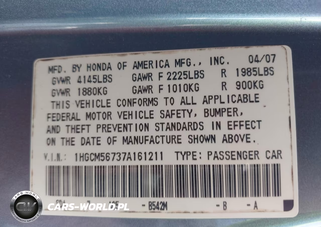 2007 Honda Accord 2.4 Ex VIN:1HGCM56737A161211 - 9
