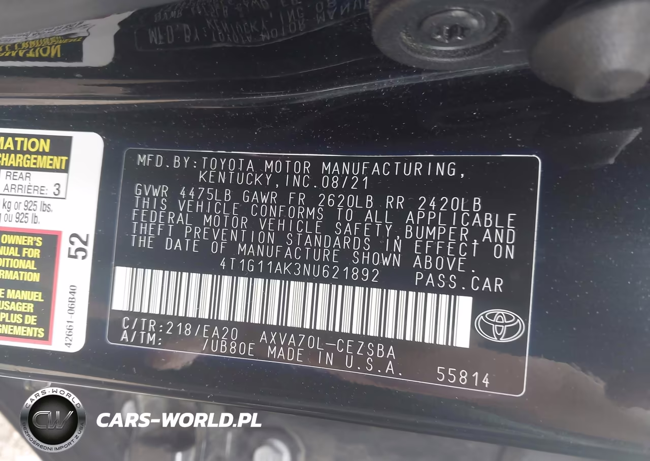 2022 Toyota Camry Se VIN:4T1G11AK3NU621892 - 9