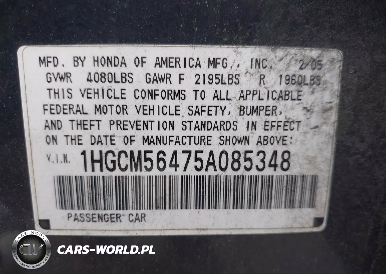 2005 Honda Accord 2.4 Lx VIN:1HGCM56475A085348 - 9