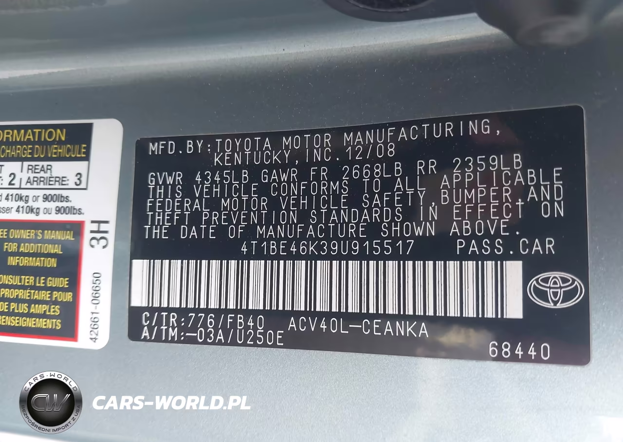 2009 Toyota Camry Le VIN:4T1BE46K39U915517 - 9