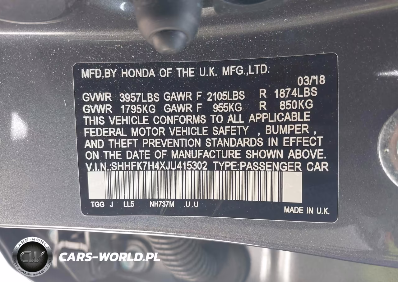 2018 Honda Civic Sport VIN:SHHFK7H4XJU415302 - 9