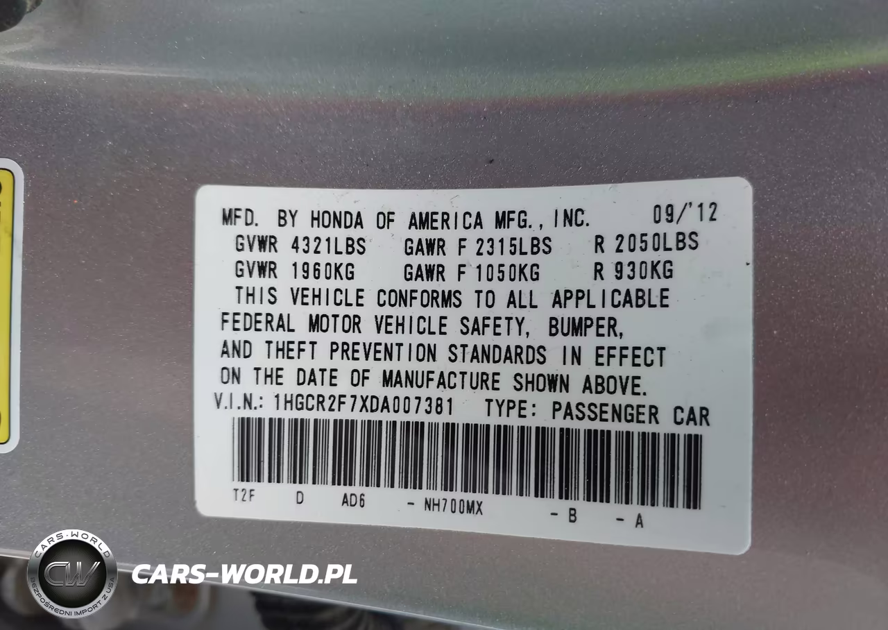 2013 Honda Accord Ex VIN:1HGCR2F7XDA007381 - 9
