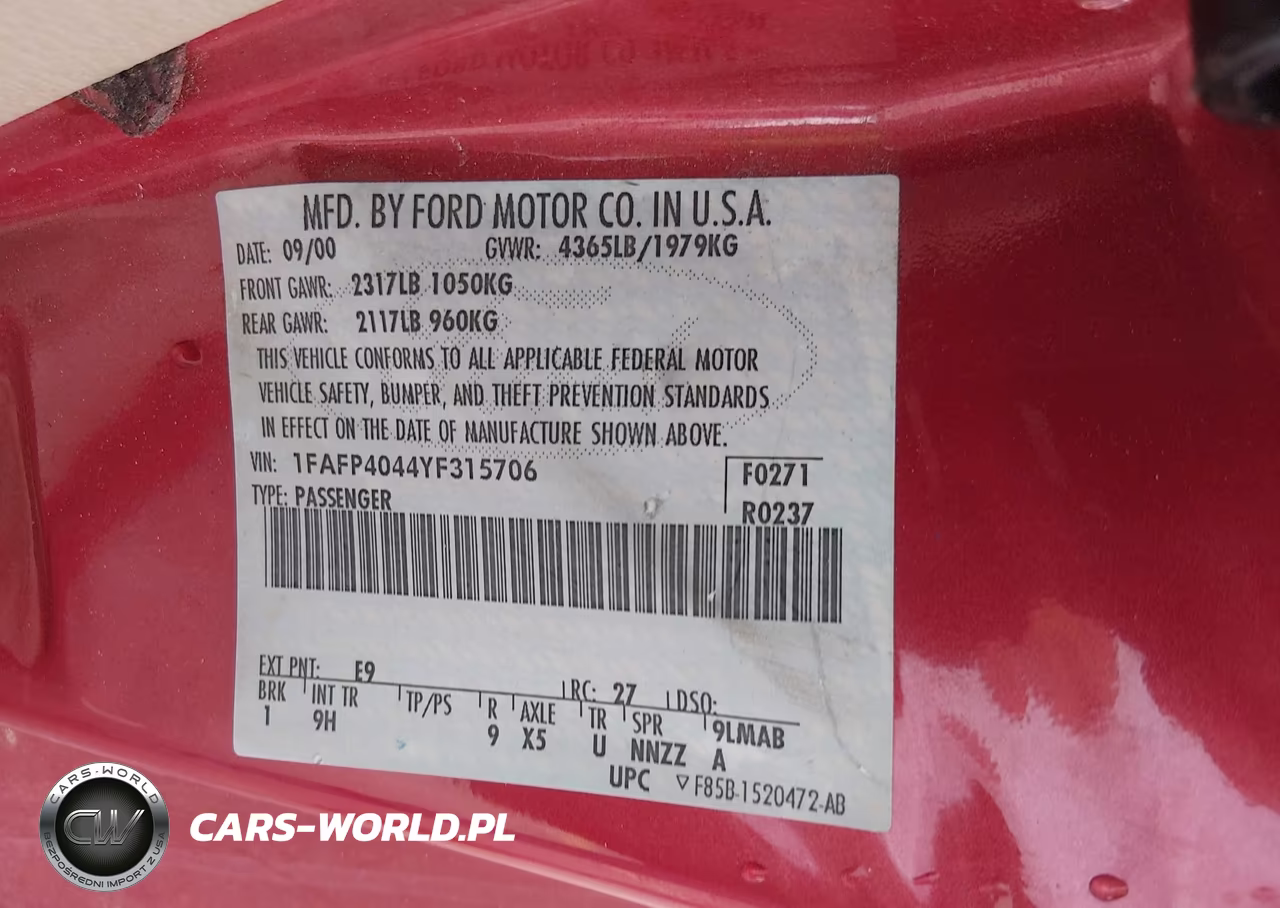 2000 Ford Mustang VIN:1FAFP4044YF315706 - 9