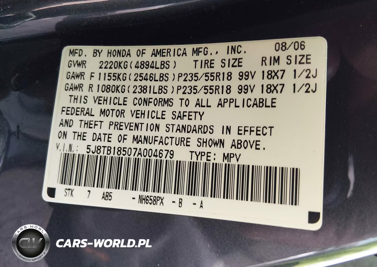 2007 Acura Rdx VIN:5J8TB18507A004679 - 9