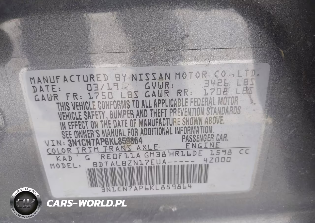 2019 Nissan Versa 1.6 Sv VIN:3N1CN7AP6KL859864 - 9