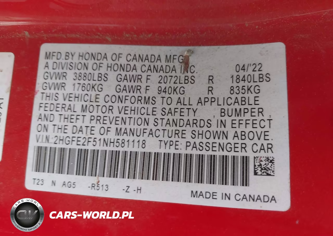 2022 Honda Civic Sport VIN:2HGFE2F51NH581118 - 9
