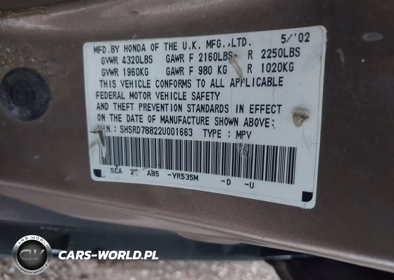 2002 Honda Cr-V Ex VIN:SHSRD78822U001663 - 9