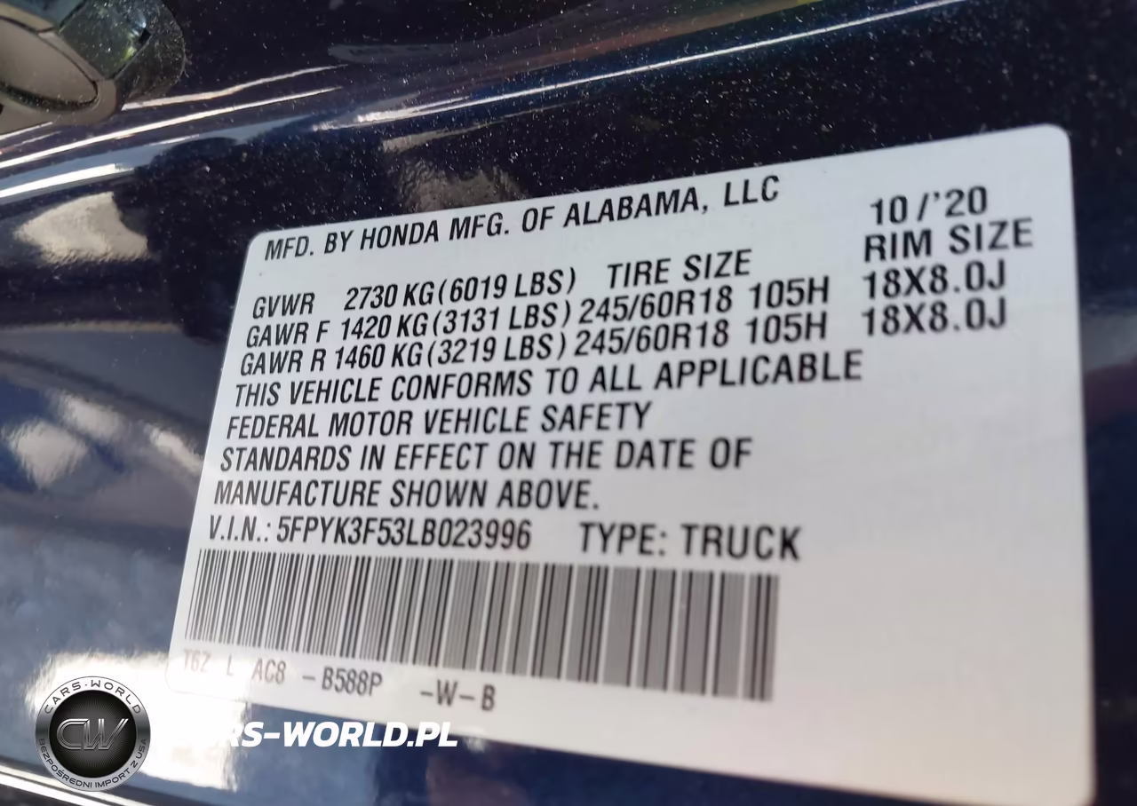 2020 Honda Ridgeline Awd Rtl VIN:5FPYK3F53LB023996 - 9