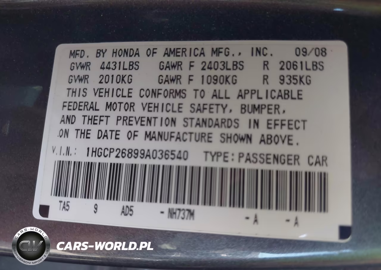 2009 Honda Accord 2.4 Ex-L VIN:1HGCP26899A036540 - 9