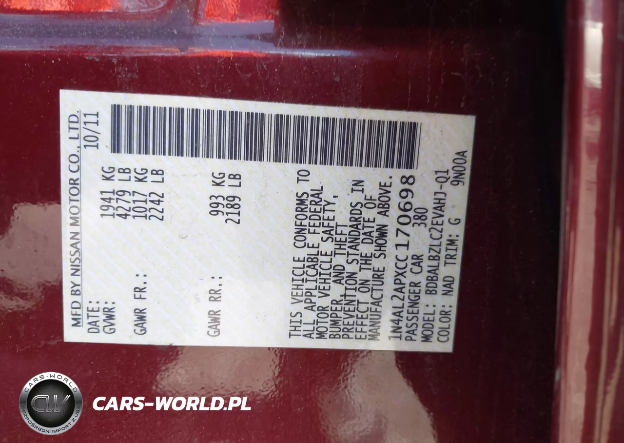2012 Nissan Altima 2.5 S VIN:1N4AL2APXCC170698 - 9