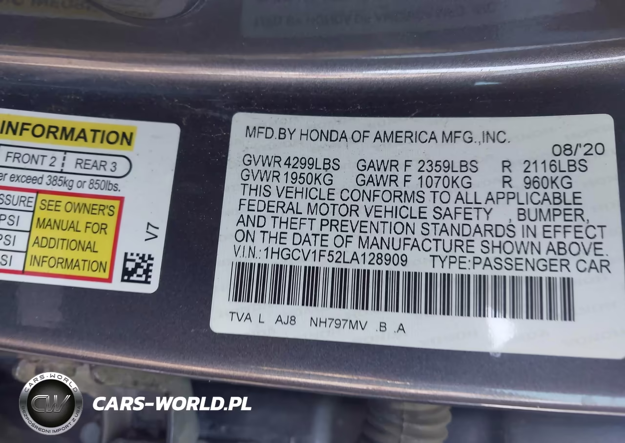 2020 Honda Accord Ex-L VIN:1HGCV1F52LA128909 - 9