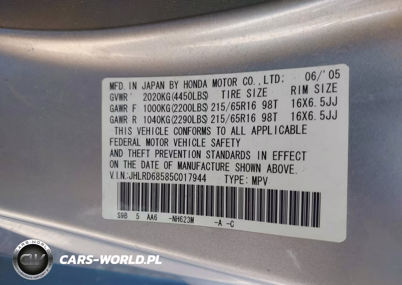 2005 Honda Cr-V Lx VIN:JHLRD68585C017944 - 9