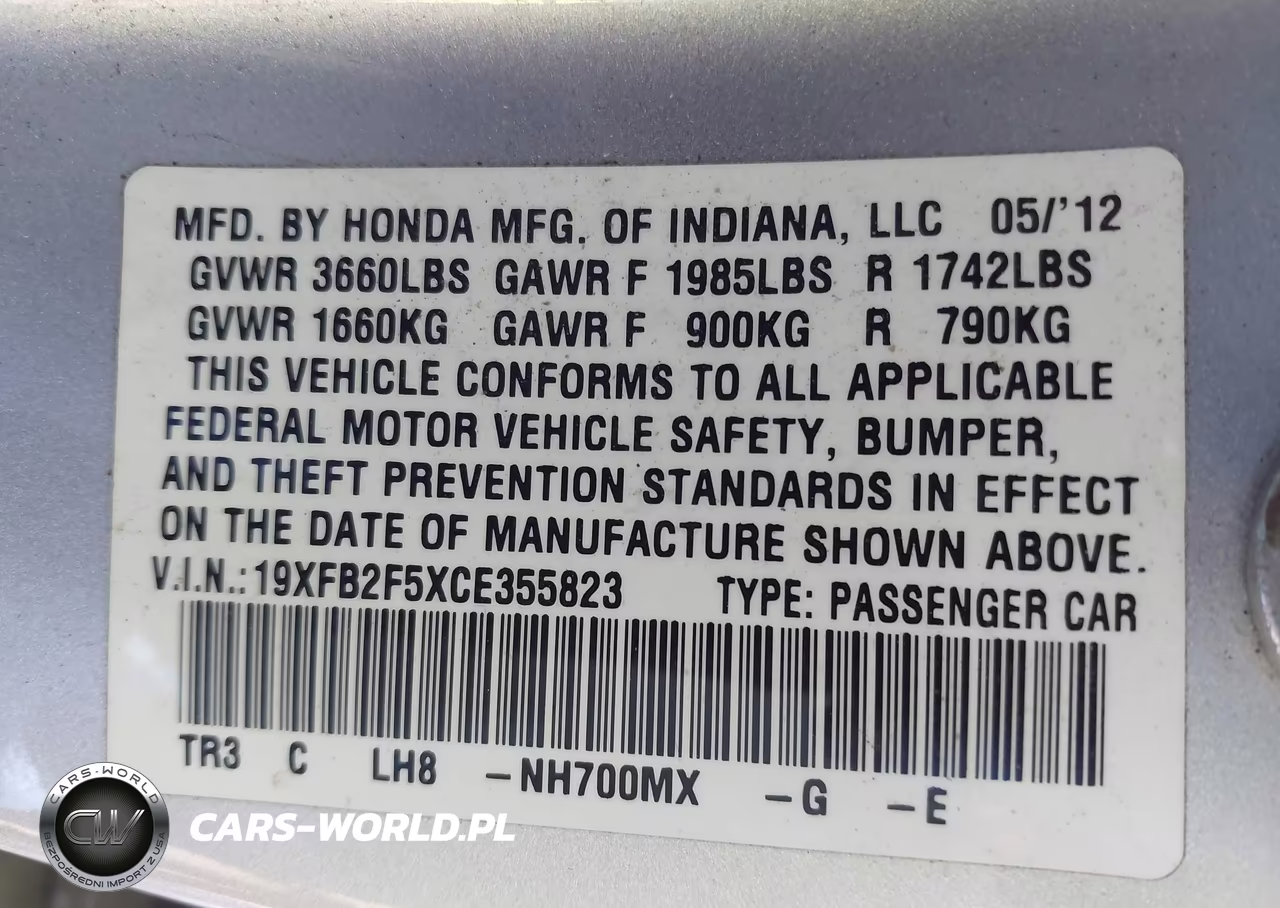 2012 Honda Civic Lx VIN:19XFB2F5XCE355823 - 9