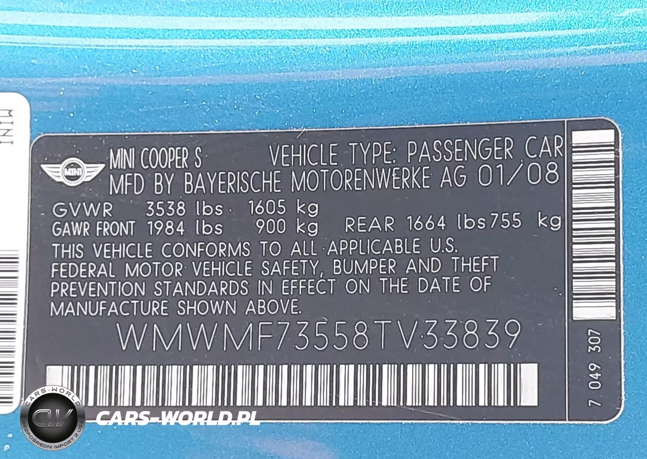 MINI COOPER S VIN:WMWMF73558TV33839 - 9