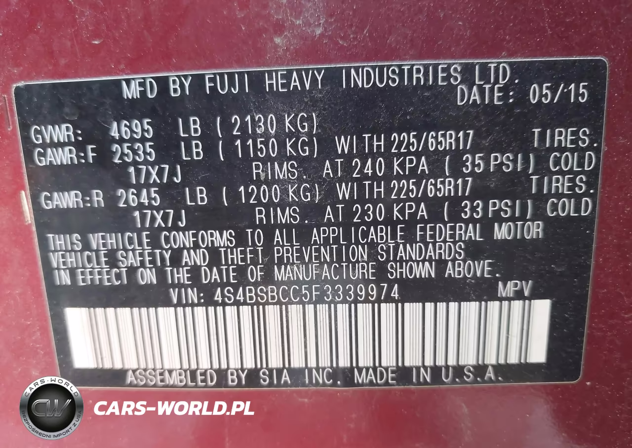 2015 Subaru Outback 2.5I Premium VIN:4S4BSBCC5F3339974 - 9