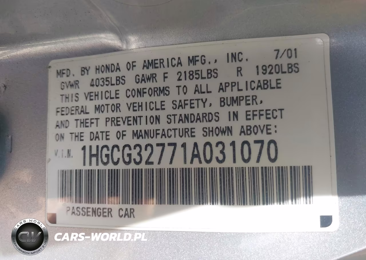 2001 Honda Accord 2.3 Ex VIN:1HGCG32771A031070 - 9