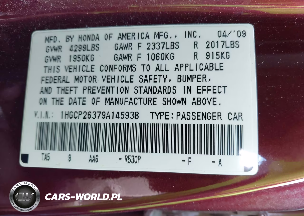 2009 Honda Accord 2.4 Lx VIN:1HGCP26379A145938 - 9