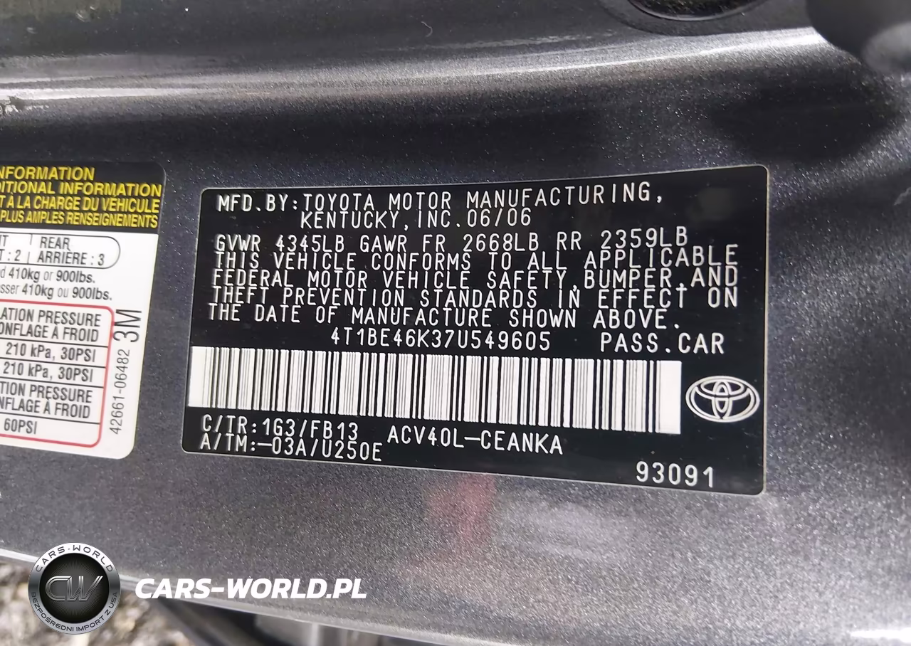 2007 Toyota Camry Le VIN:4T1BE46K37U549605 - 9