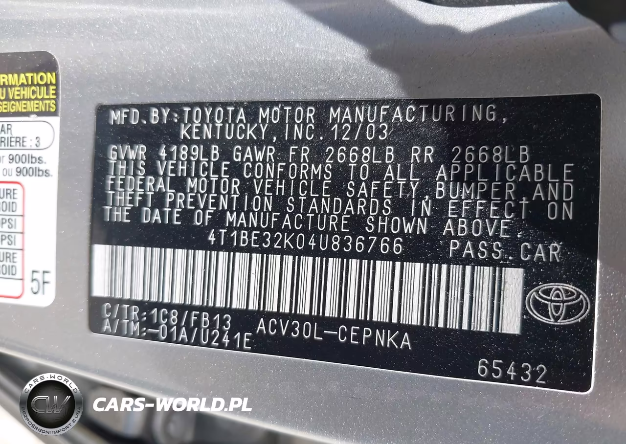 2004 Toyota Camry Le VIN:4T1BE32K04U836766 - 9