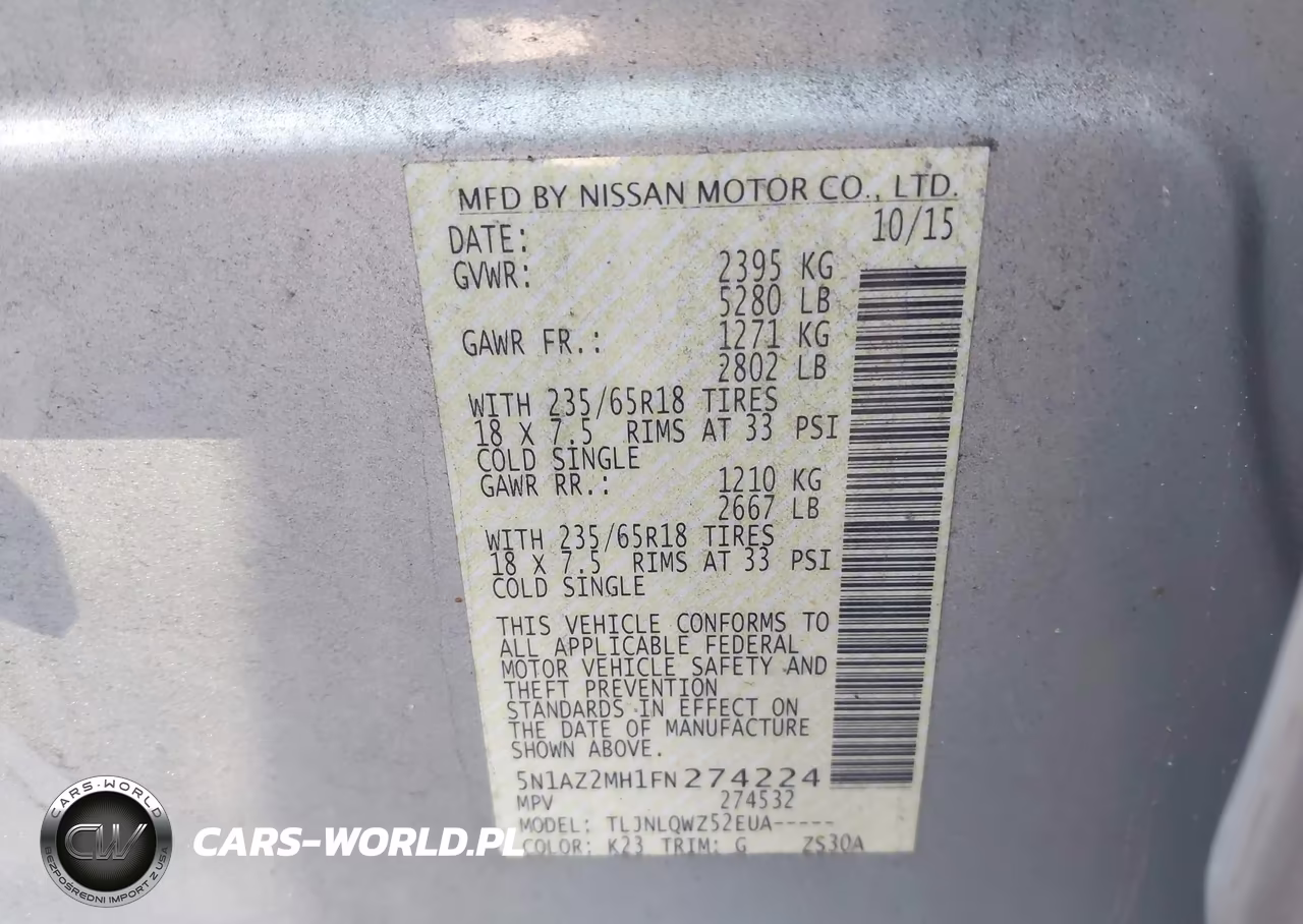 2015 Nissan Murano Sv VIN:5N1AZ2MH1FN274224 - 9