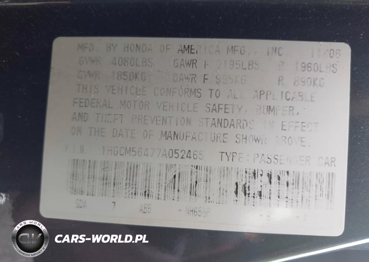 2007 Honda Accord 2.4 Lx VIN:1HGCM56477A052465 - 9