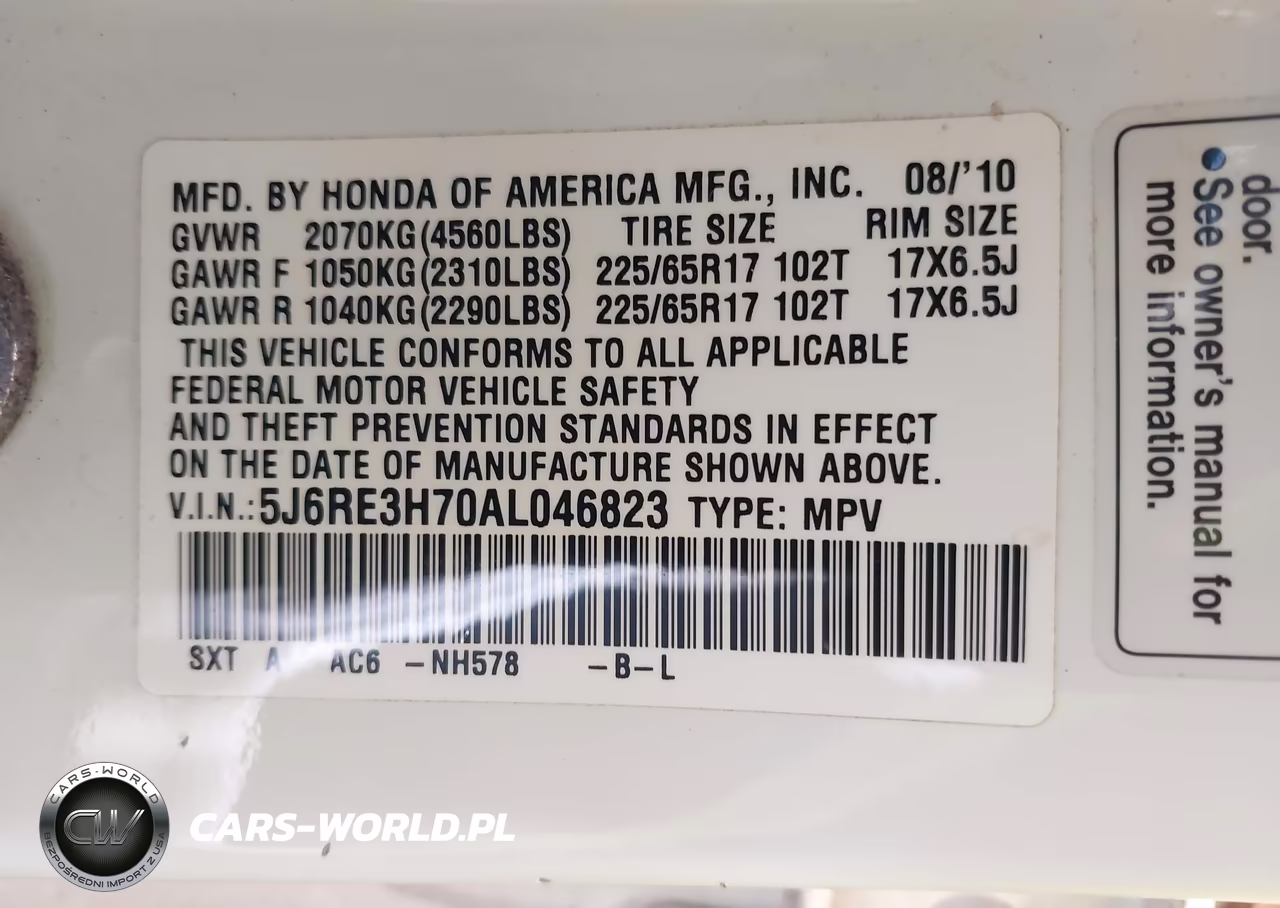 2010 Honda Cr-V Ex-L VIN:5J6RE3H70AL046823 - 9