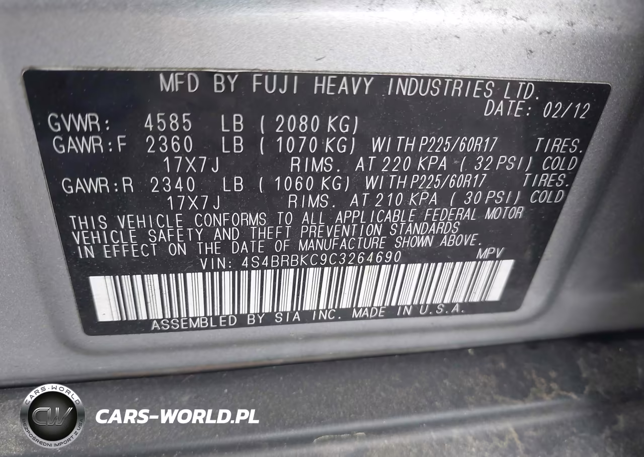 2012 Subaru Outback 2.5I Limited VIN:4S4BRBKC9C3264690 - 9
