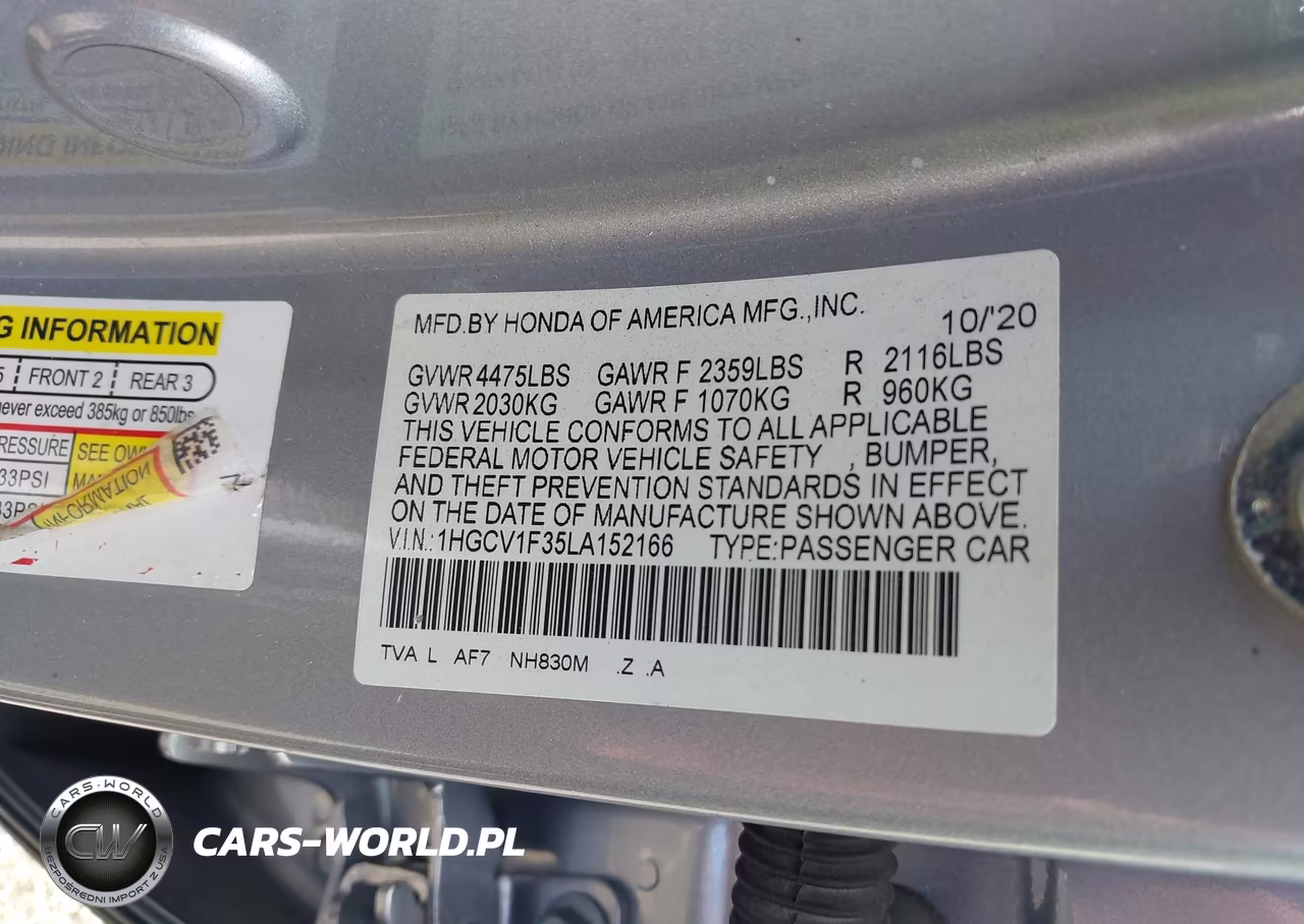 2020 Honda Accord Sport VIN:1HGCV1F35LA152166 - 9