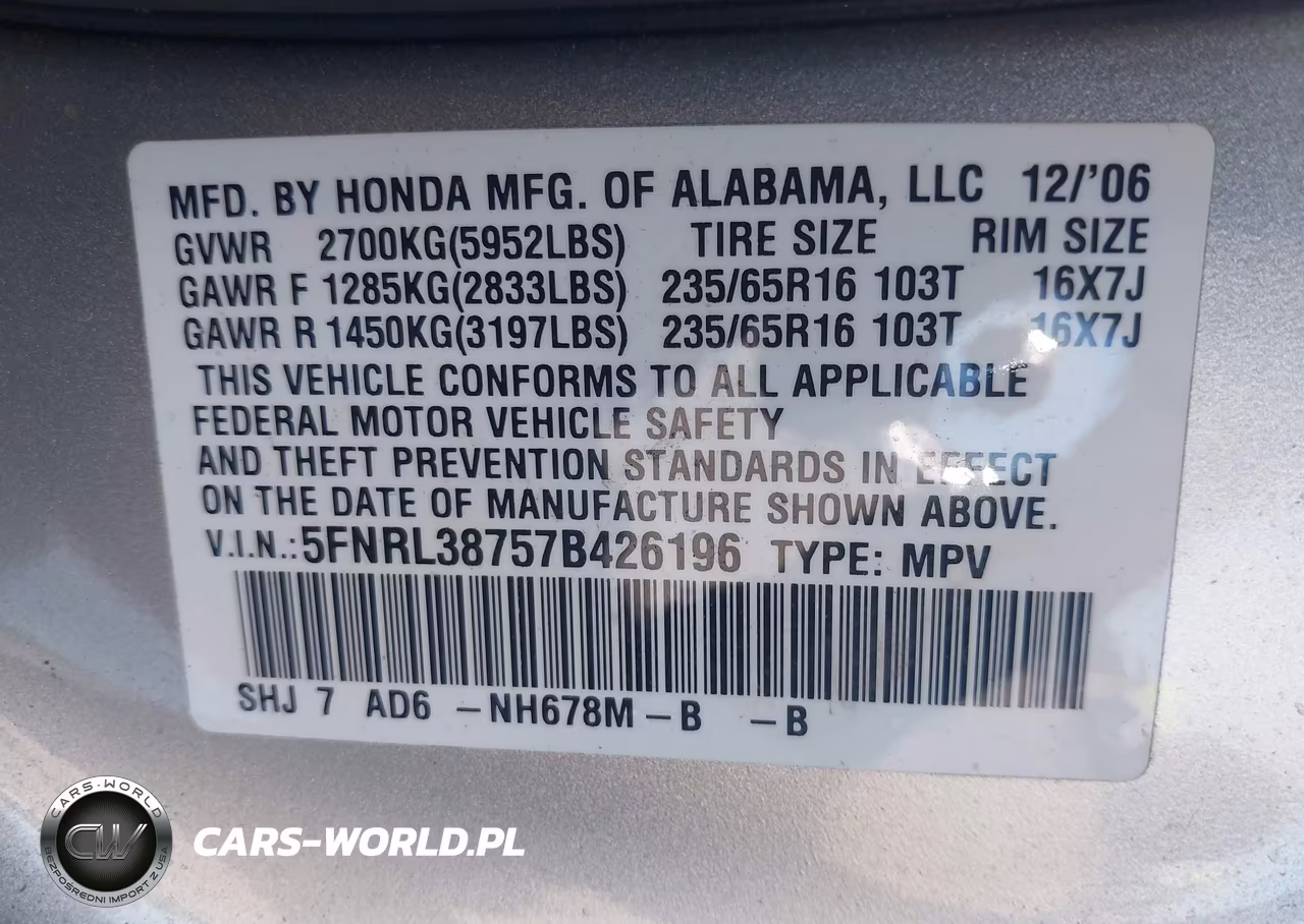 2007 Honda Odyssey Ex-L VIN:5FNRL38757B426196 - 9