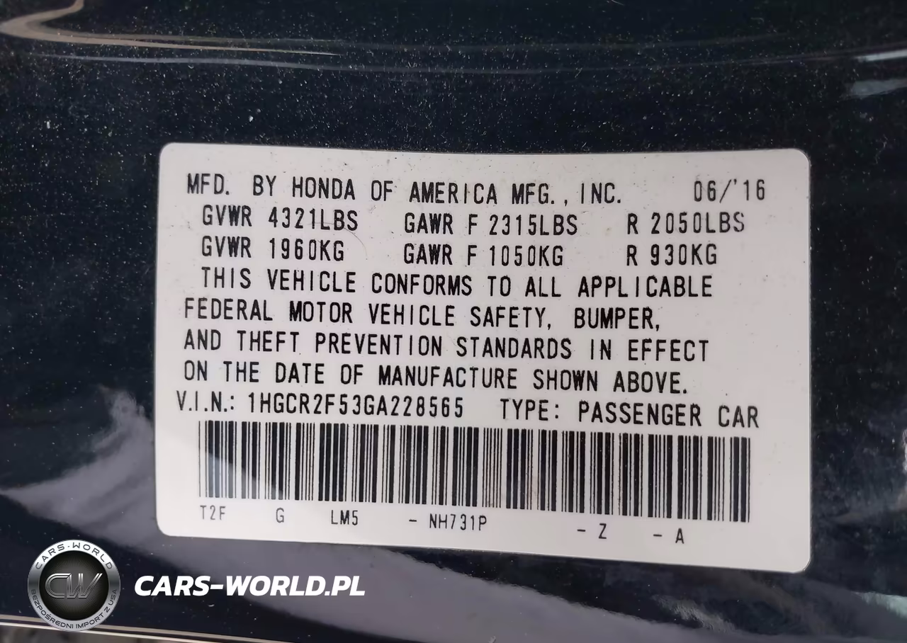 2016 Honda Accord Sport VIN:1HGCR2F53GA228565 - 9