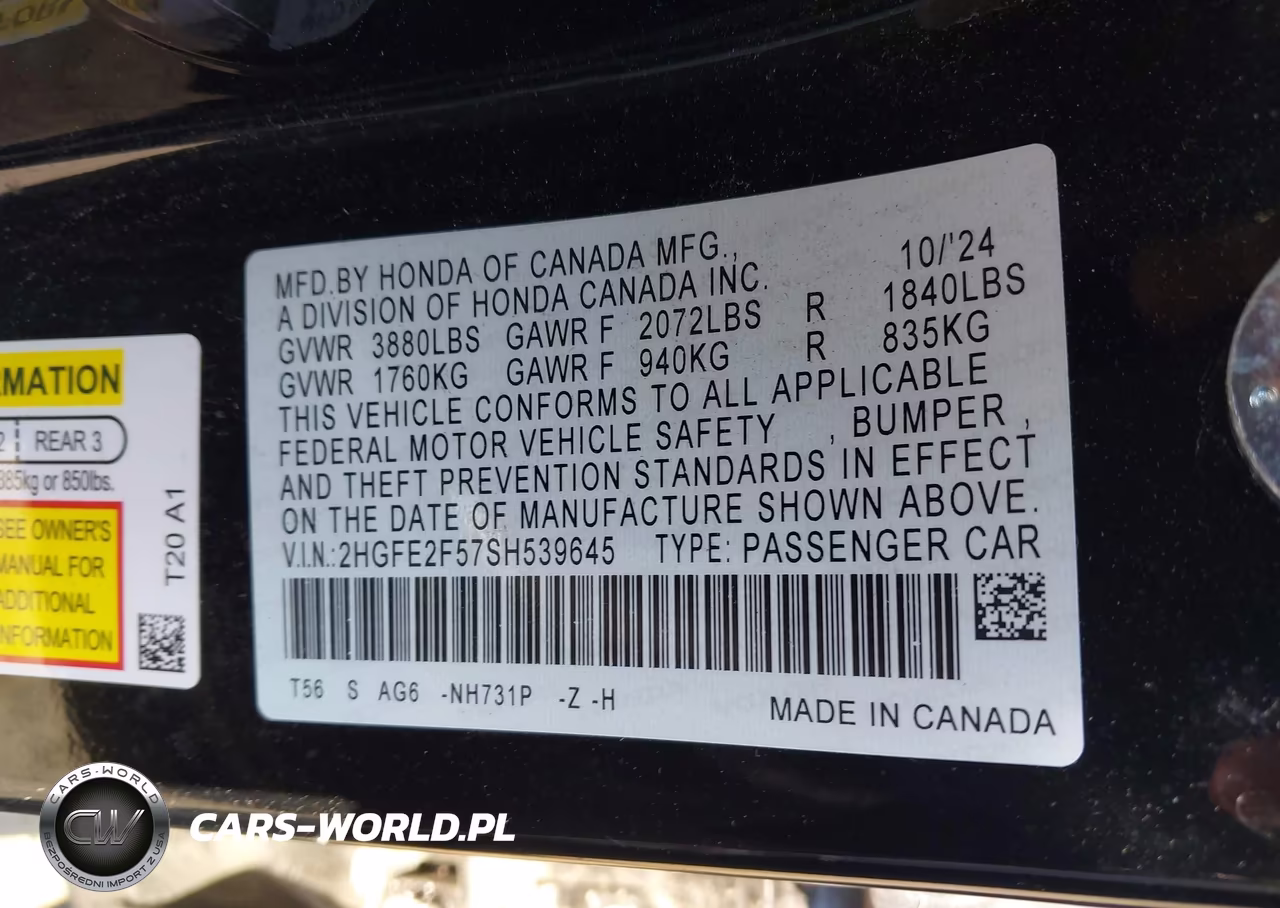 2025 Honda Civic Sport VIN:2HGFE2F57SH539645 - 9