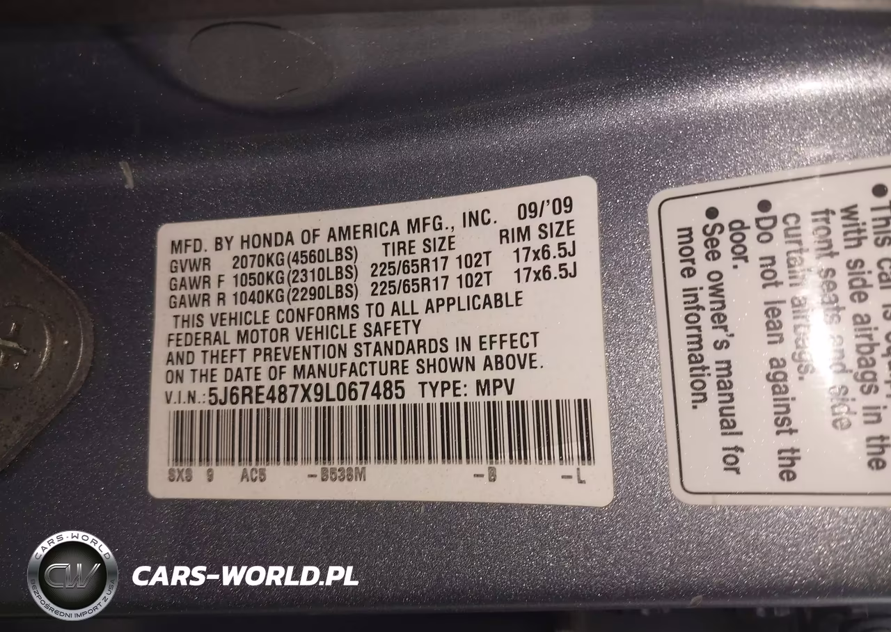 2009 HONDA CR-V EXL VIN:5J6RE487X9L067485 - 9
