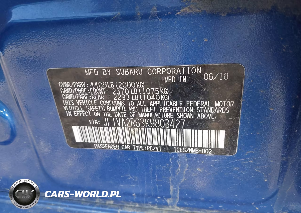 2019 Subaru Wrx Sti VIN:JF1VA2R63K9803427 - 9