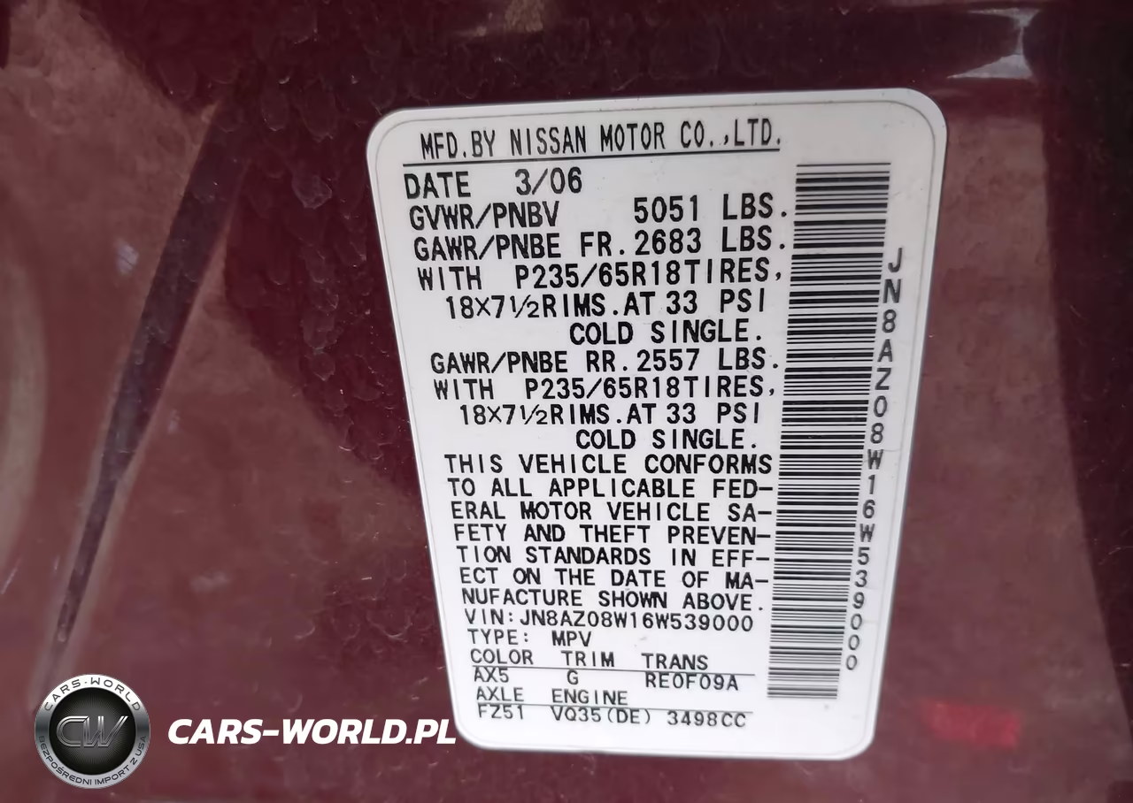 2006 Nissan Murano Se VIN:JN8AZ08W16W539000 - 9