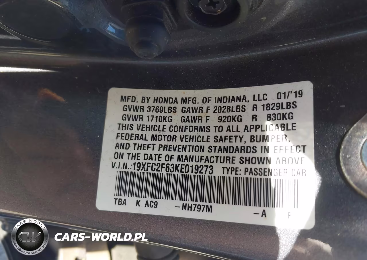 2019 Honda Civic Lx VIN:19XFC2F63KE019273 - 9