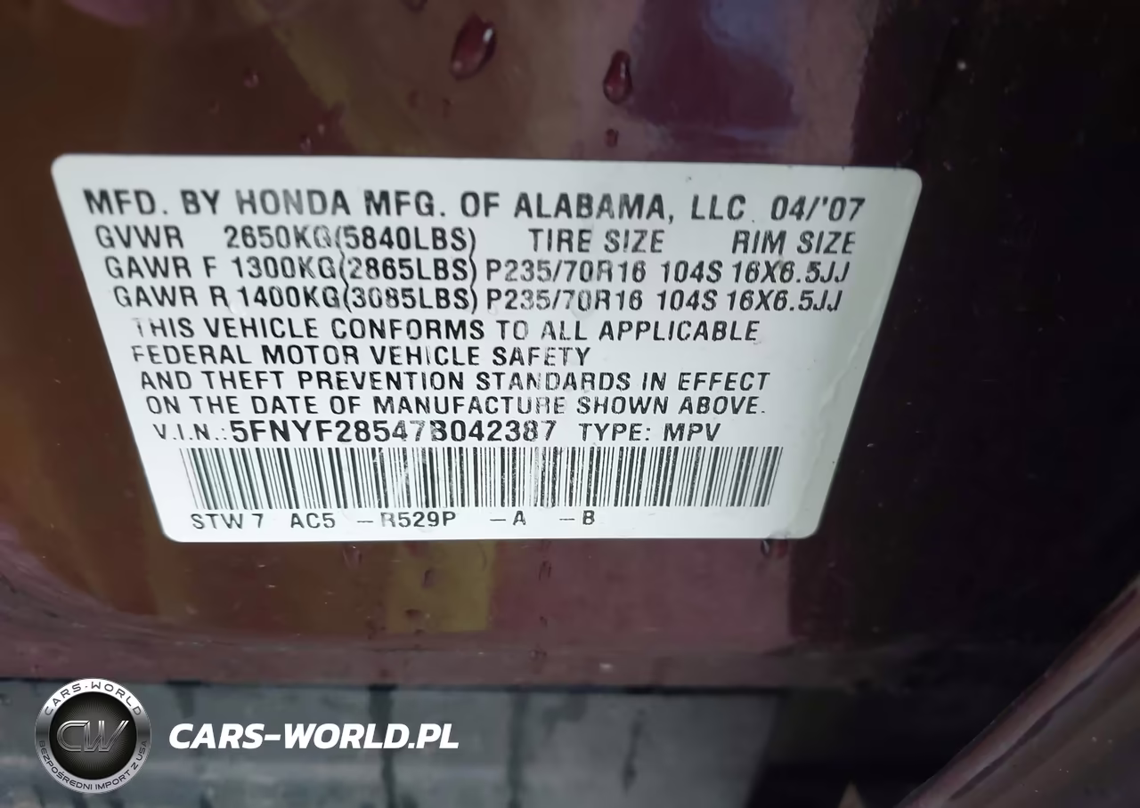 2007 Honda Pilot Ex-L VIN:5FNYF28547B042387 - 9