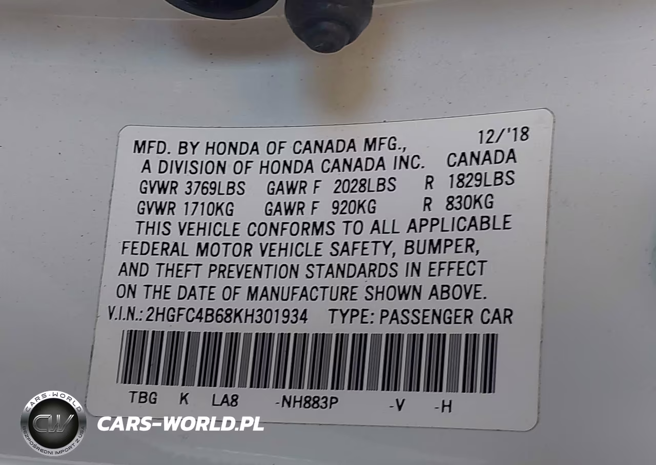 2019 Honda Civic Lx VIN:2HGFC4B68KH301934 - 9