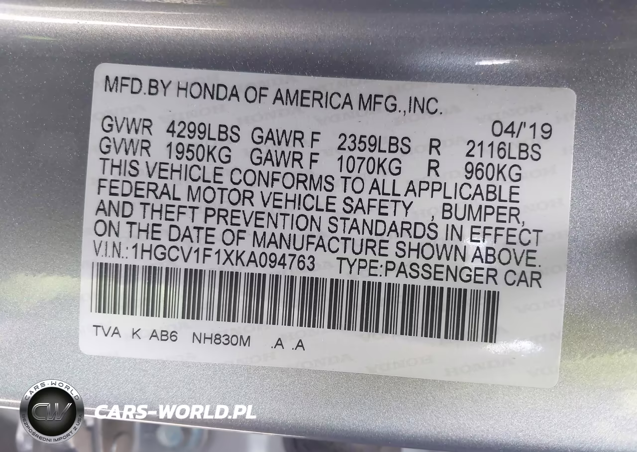 2019 Honda Accord Lx VIN:1HGCV1F1XKA094763 - 9