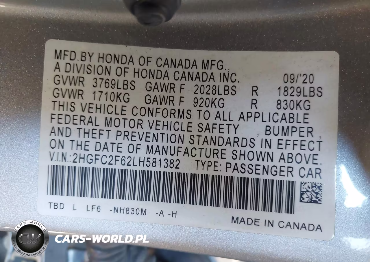 2020 Honda Civic Lx VIN:2HGFC2F62LH581382 - 9